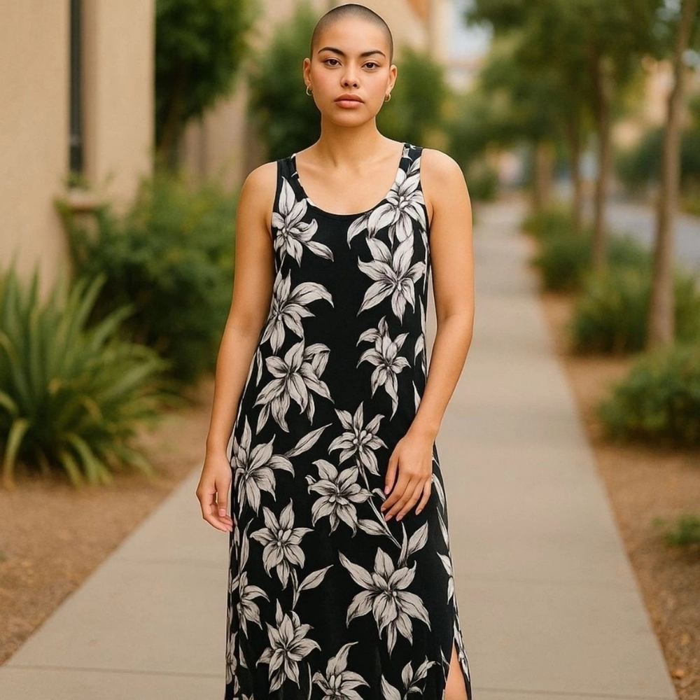 Lily Morgan Tropical High Low Sundress for Women, black and white orchid print